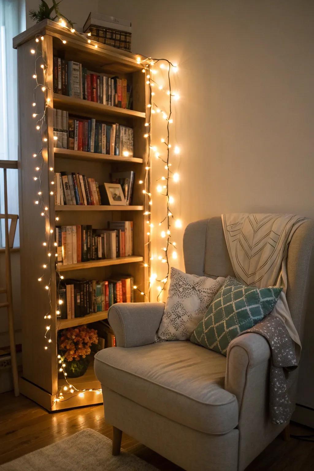 Reading zone lit by twinkle lights around a bookshelf.