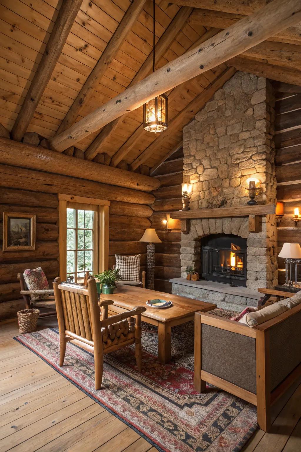 Native timber accents, like beams and log walls, enhance the cozy atmosphere.