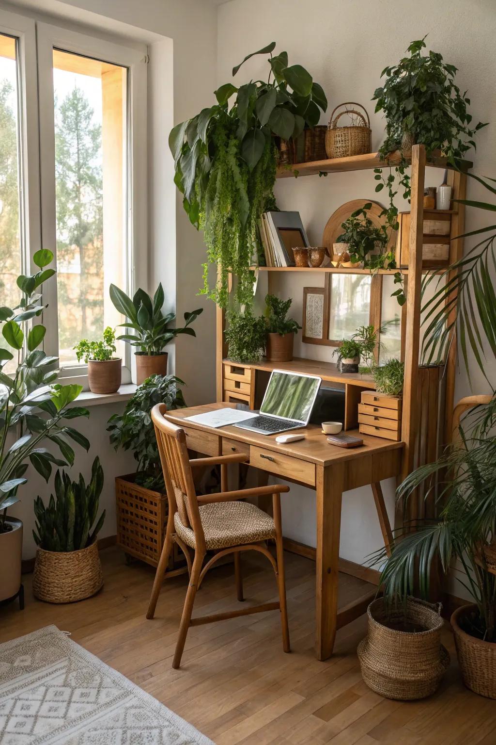 Natural elements like plants create a refreshing atmosphere.