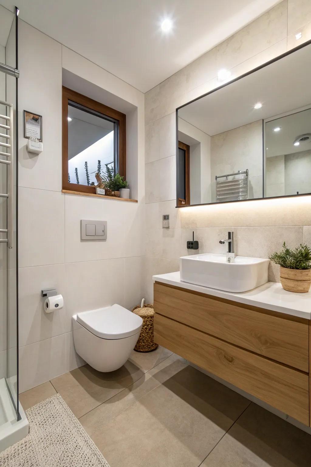 A modern bathroom showcasing floating fixtures to maximize space.