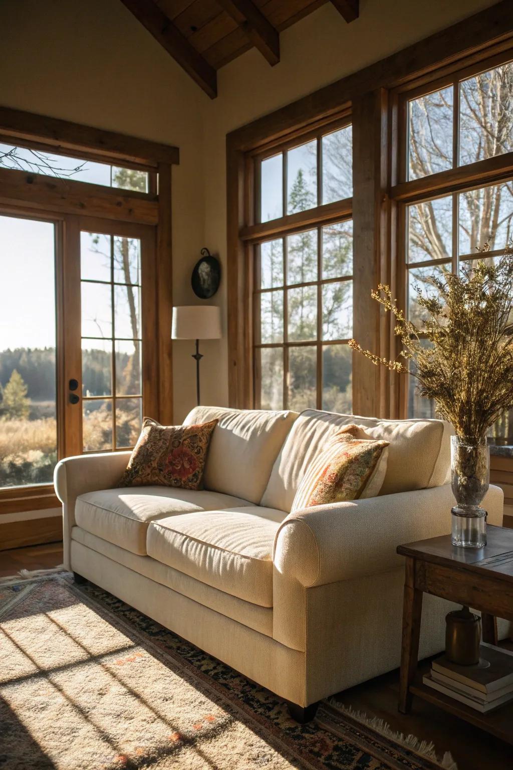 Sunlight enhances the inviting appeal of a vanilla sofa.