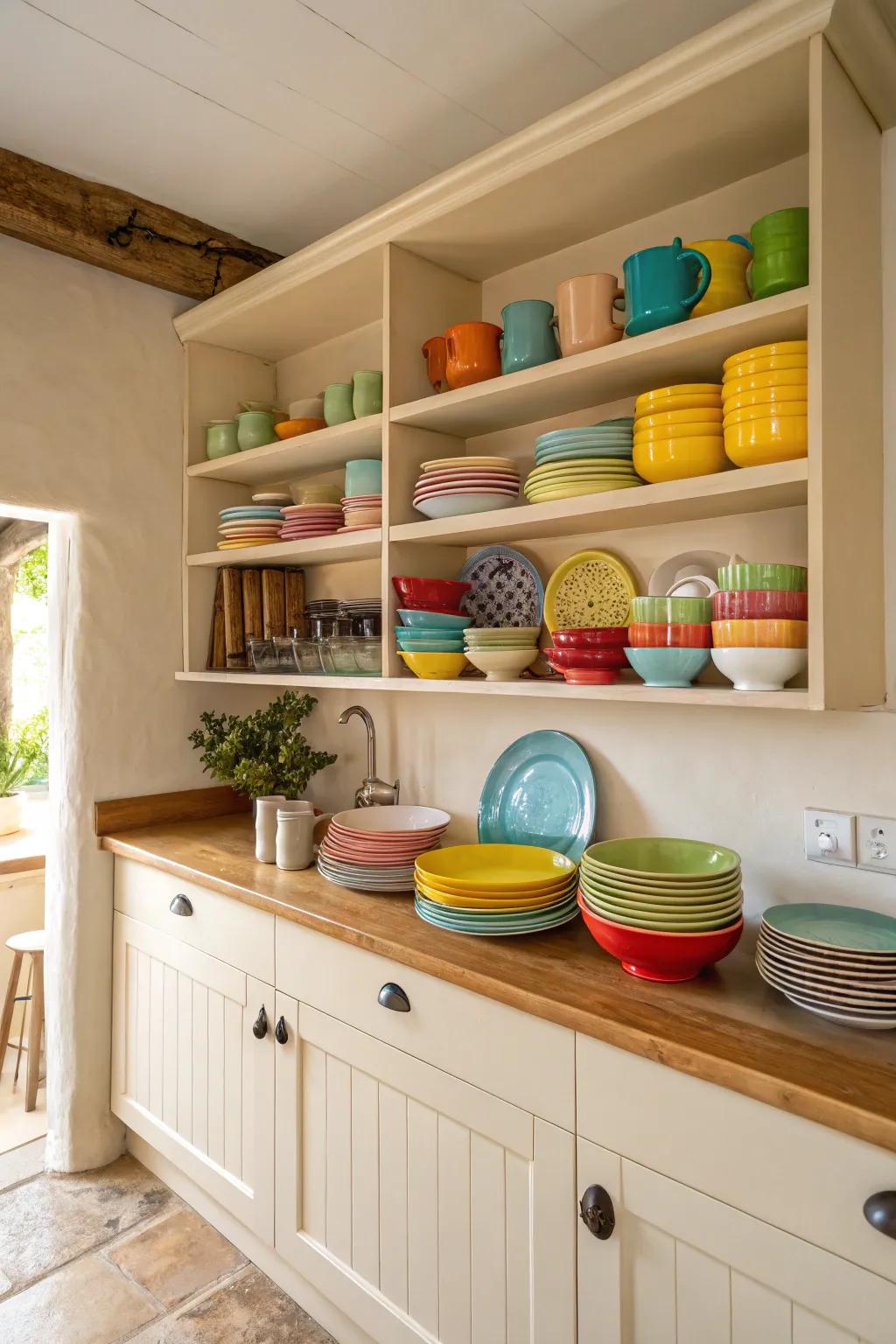 Exposed display racks impart a personal touch to cream kitchens.