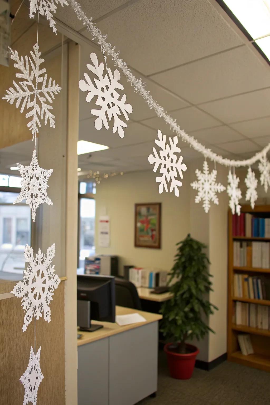 Homemade snowflake chain adds a winter's touch to your work area.