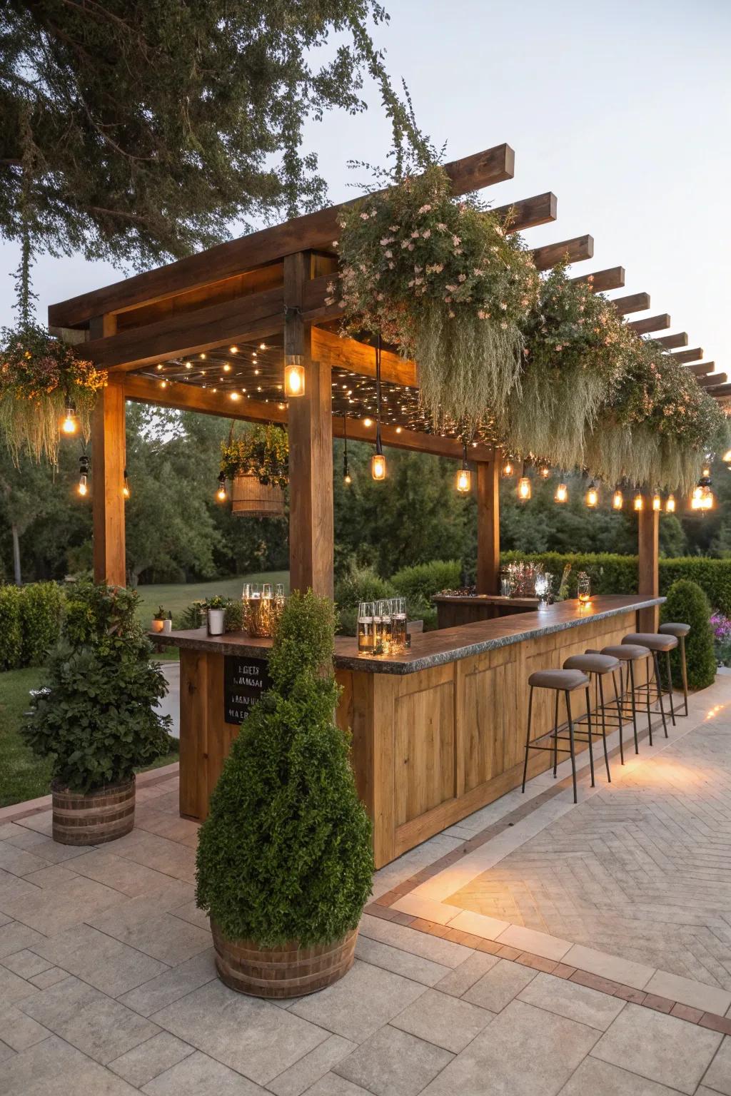 A trellis introduces refinement and usefulness to this outdoor bar.