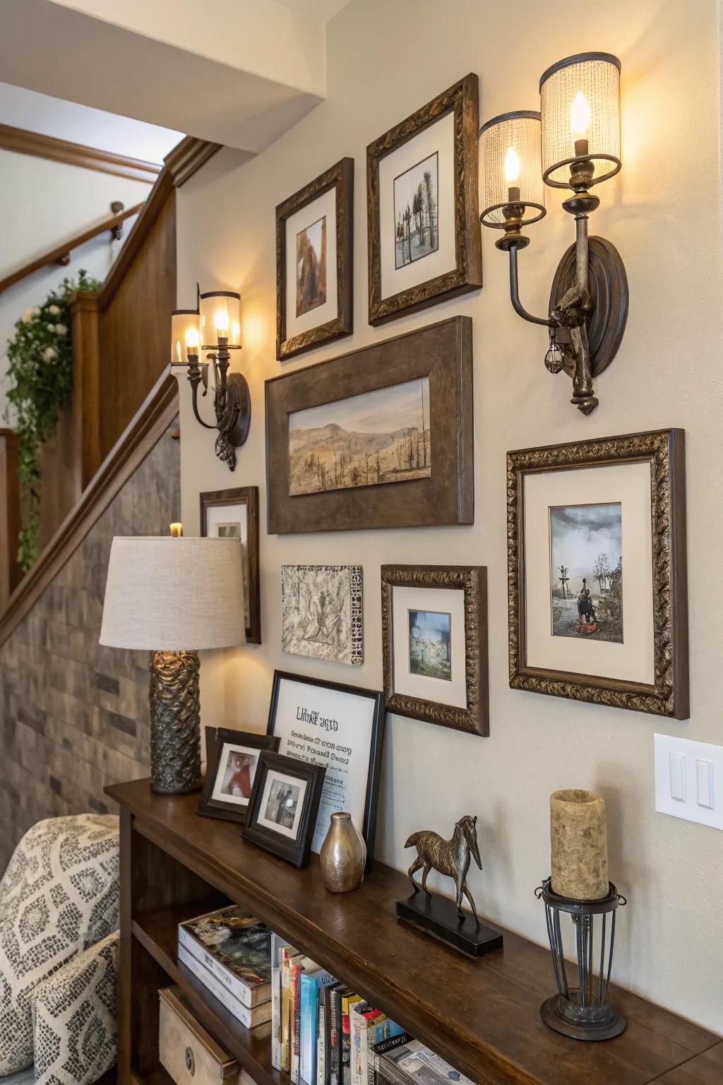 Mixing decorative accents with your pictures can greatly increase visual interest.