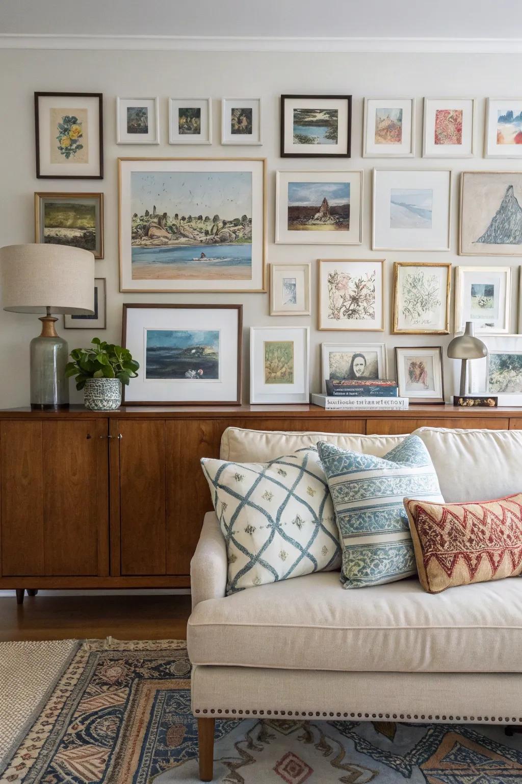 A display of artistry upon a sideboard enhances the character of the room.