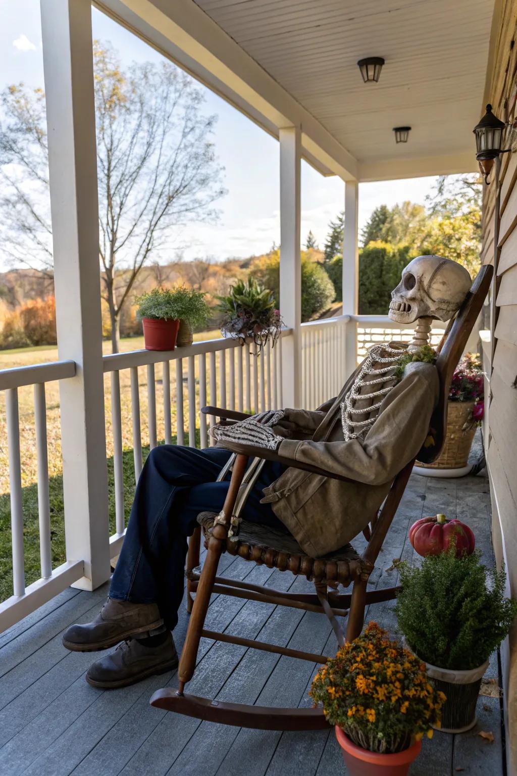 A skeletal greeter gives a humorous Halloween greeting.