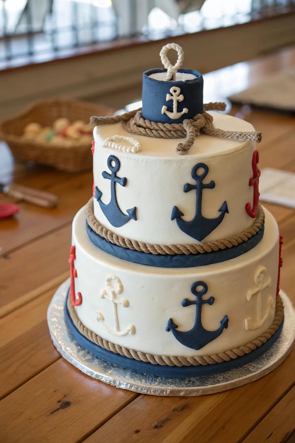 Nautical particulars like anchors and cordage contribute charm to this cake.