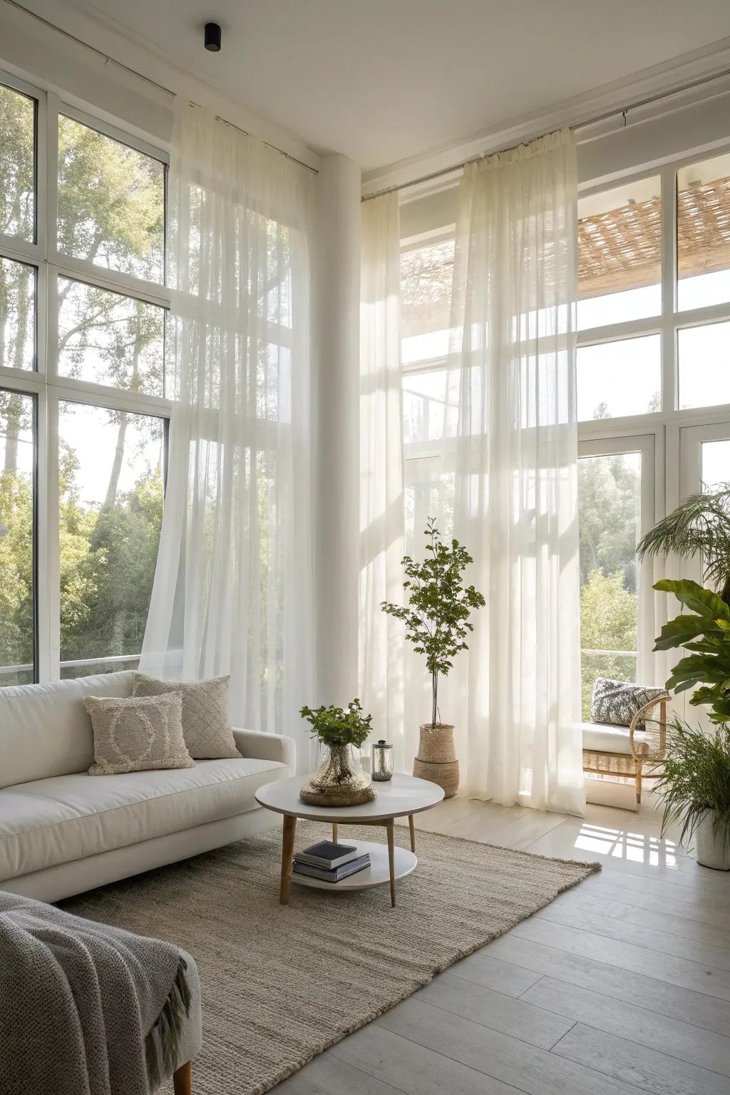 Airy window coverings maintain privacy while ensuring an abundance of light and airiness.