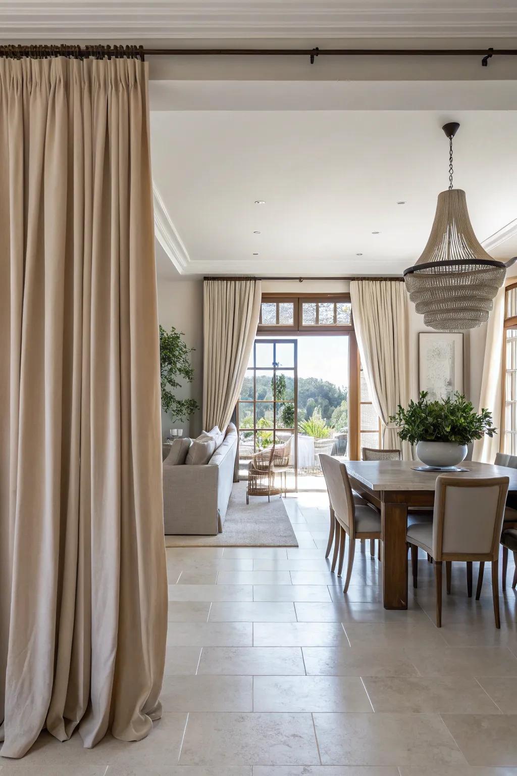 Neutral curtains delineate different zones in an open floor plan.