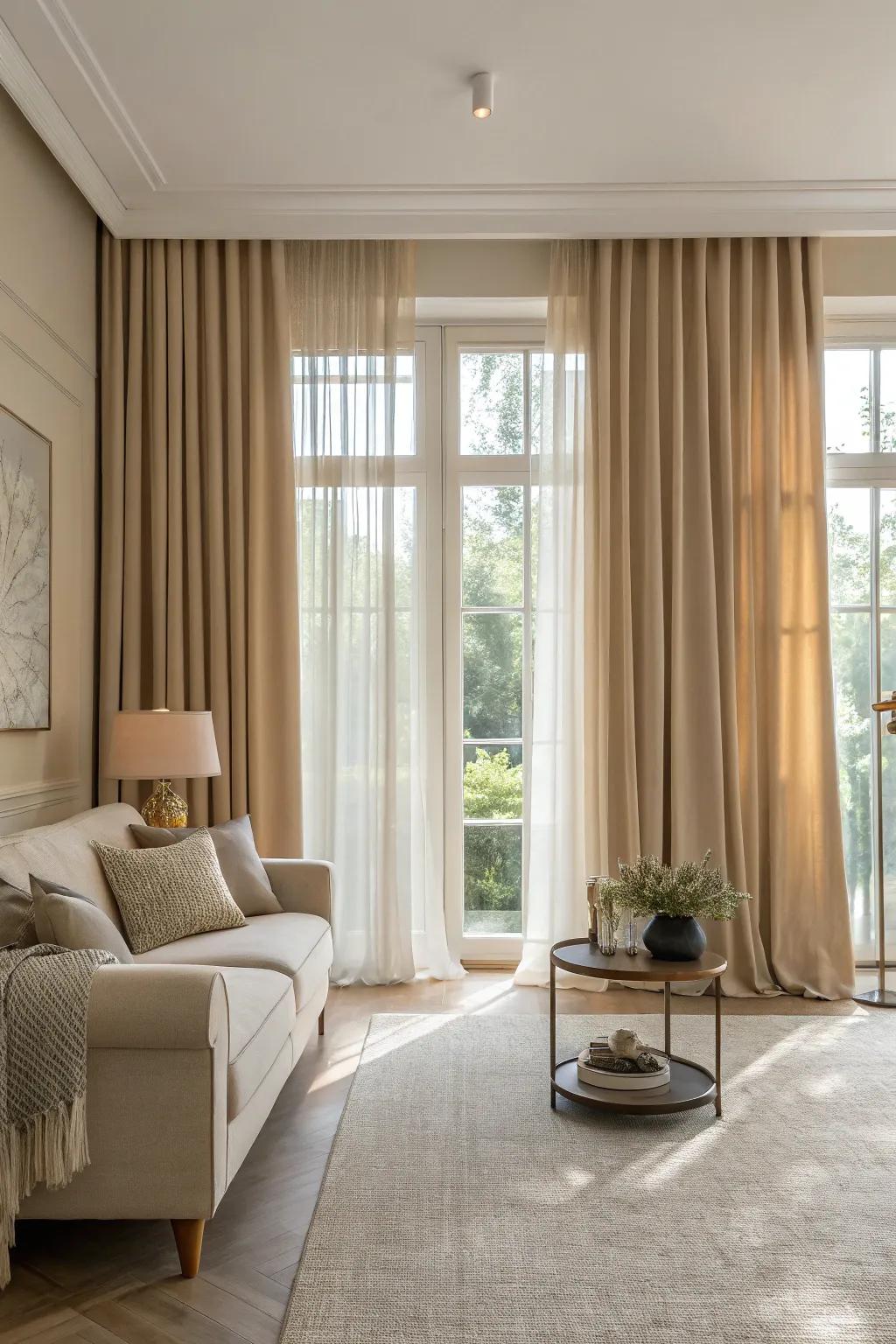 Subtle tones foster an elegant ambiance in the living area.