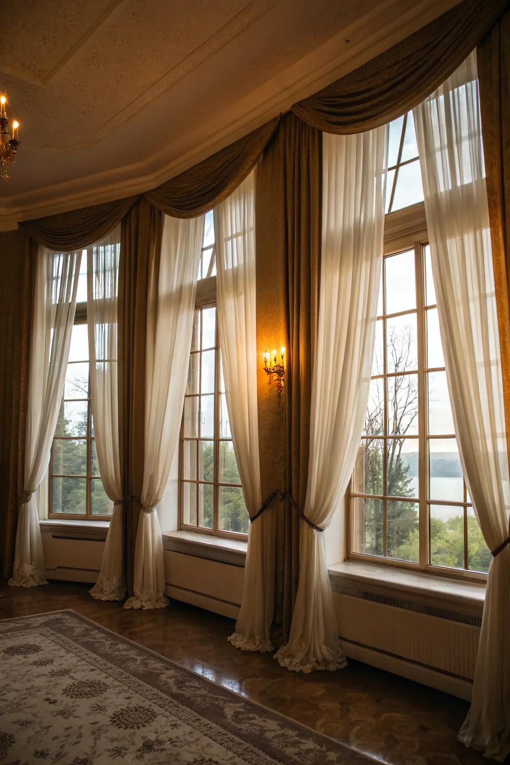 Layering window coverings offers both style and adaptability.