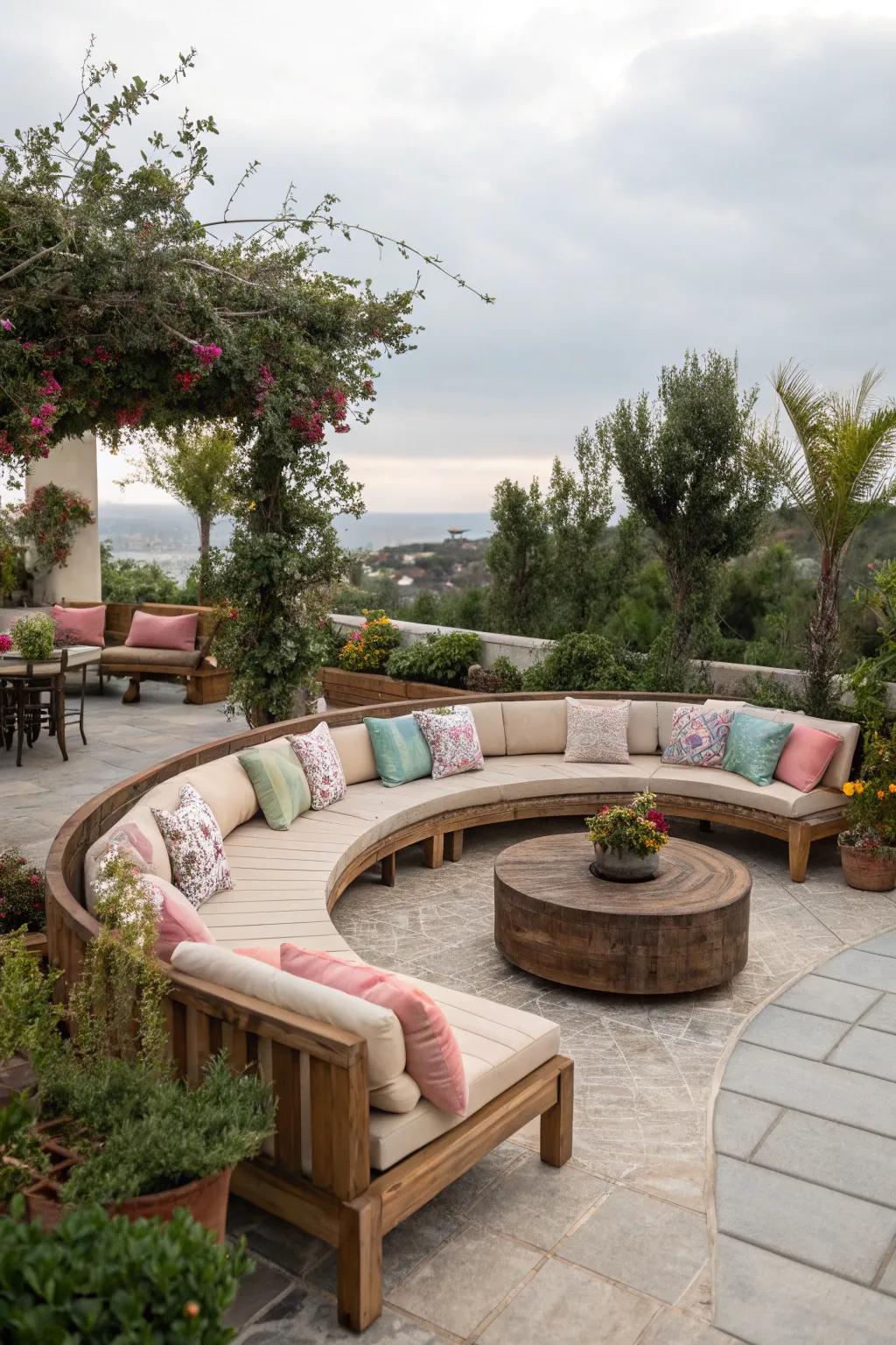 Comfortable curved seating gracing a patio, ideal for relaxation and conversation.