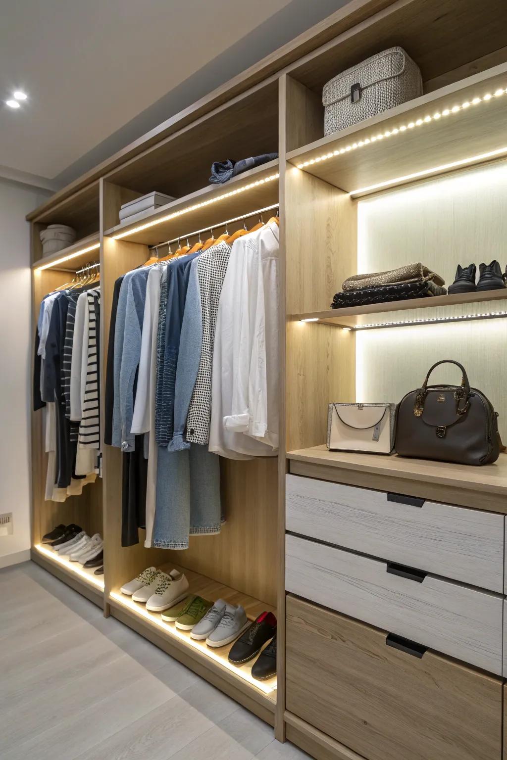 Integrated lighting improves and enriches closet functionality.