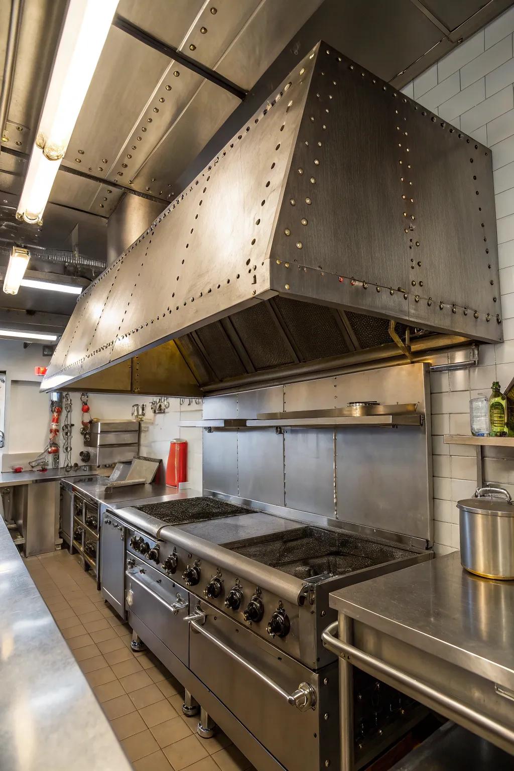 Metal range hoods provide an industrial touch to modern kitchen designs.