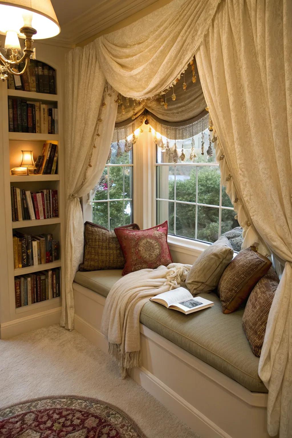 Incorporate dimension and luxury into your reading nook with layered window toppers.