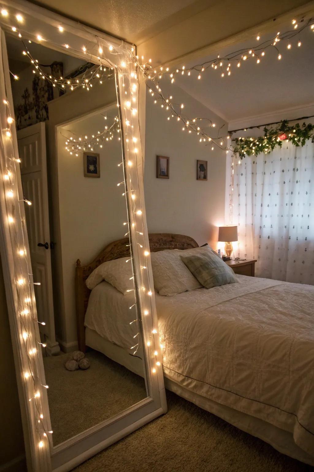 A charming bedroom illuminated by delicate string lights.