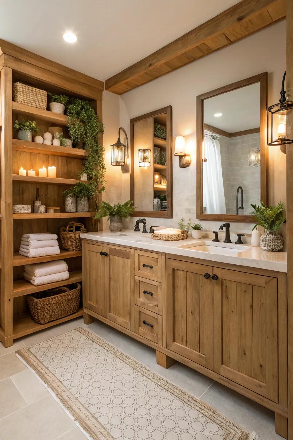 All-natural lumber details introduce comfort and texture to your bathroom.