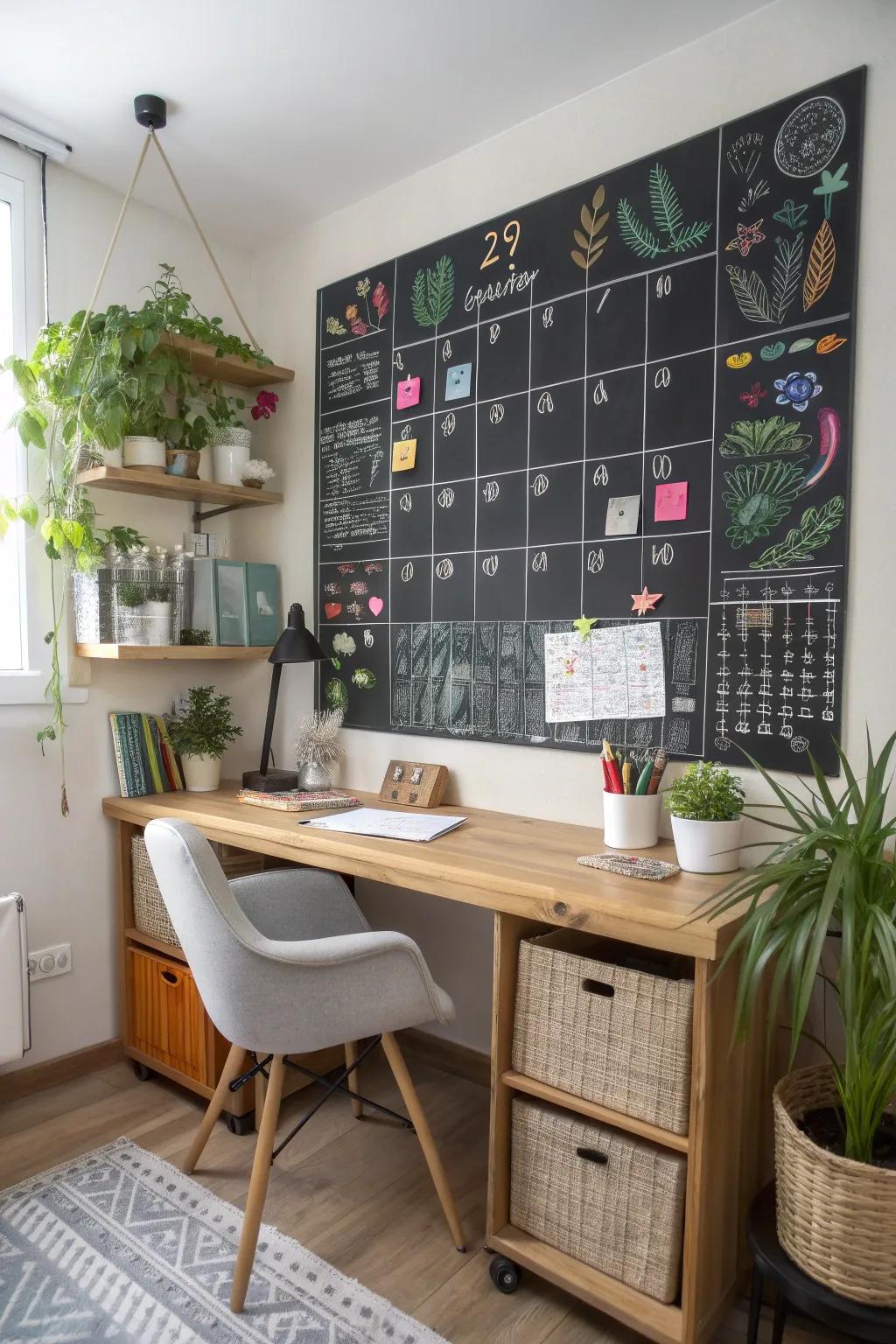 A practical and engaging chalkboard schedule within a home office setting.