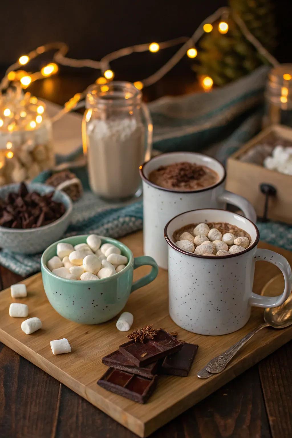 A comfortable hot cocoa bar is ideal for warming up on chilly days.