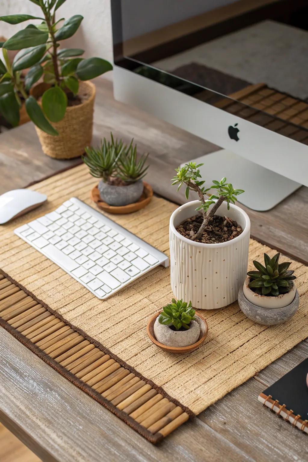 A desk featuring small plants and a bamboo mat, creating a serene and inviting setup.