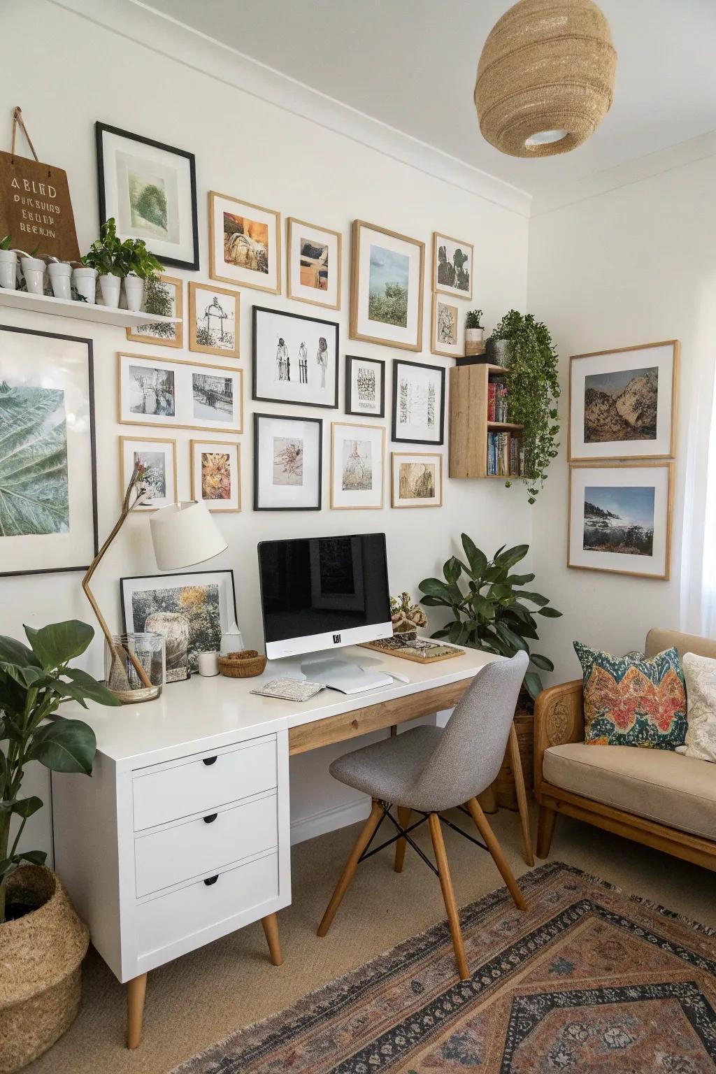 A personalized picture display in a home office, featuring art prints and personal photos.
