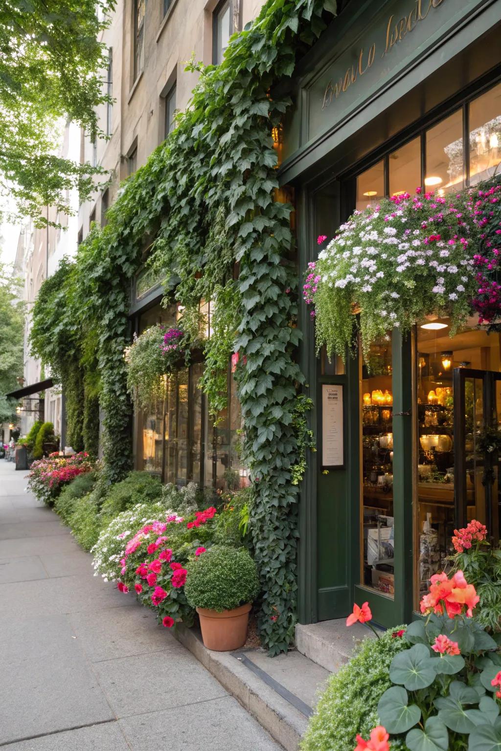 A shop front converted into a flourishing oasis with trailing verdure and dynamic blossom embellishments.