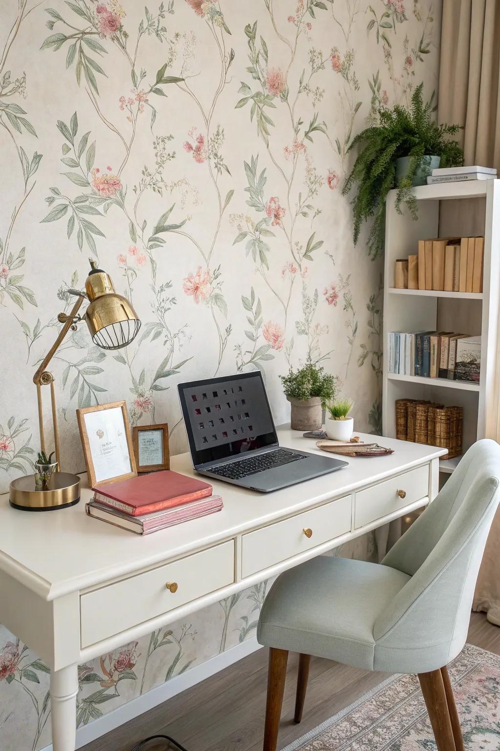 A home office featuring subtle flower-based wallpaper, creating an inspiring workspace.