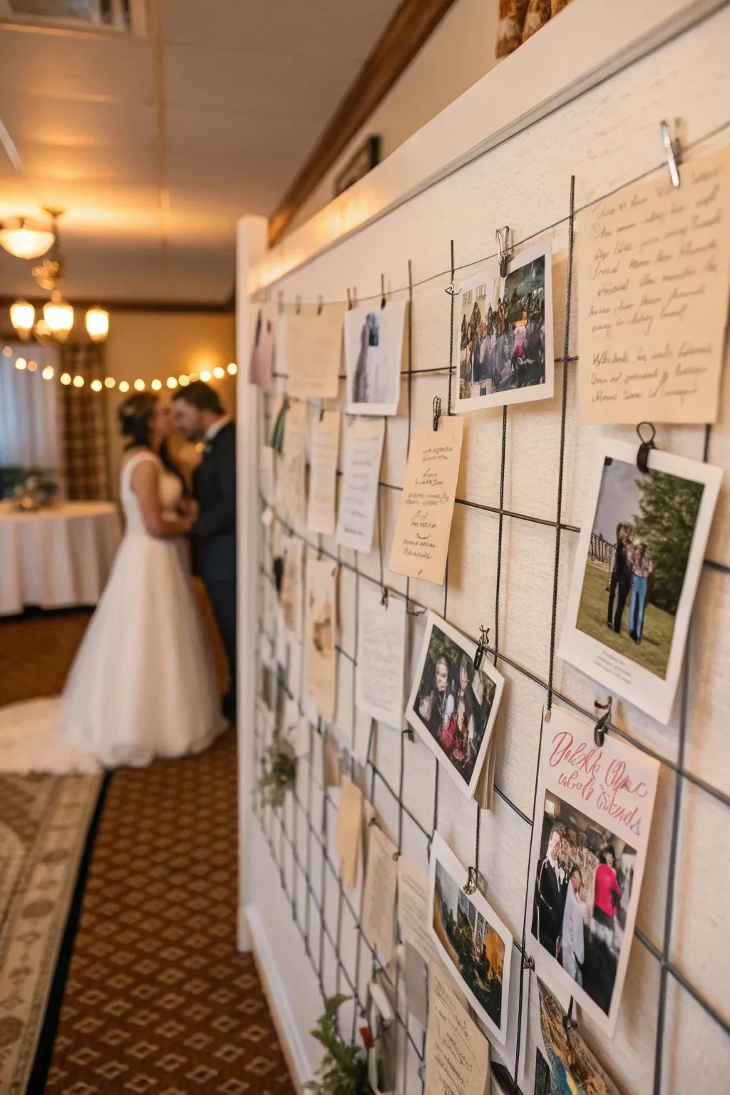 A participatory keepsake display brimming with photographs and notes.