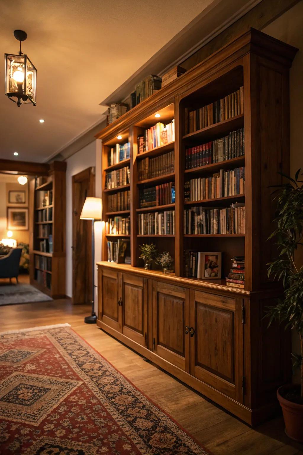 An imposing bookshelf becomes the focal point of the dark academia parlor.