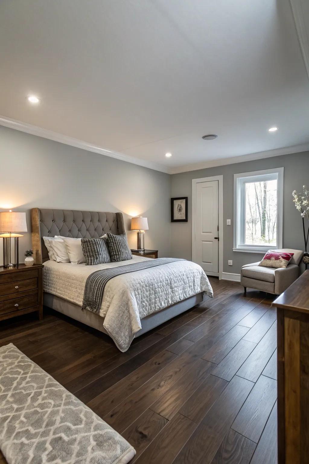 Pale gray walls provide a serene foundation for deep wood floors.