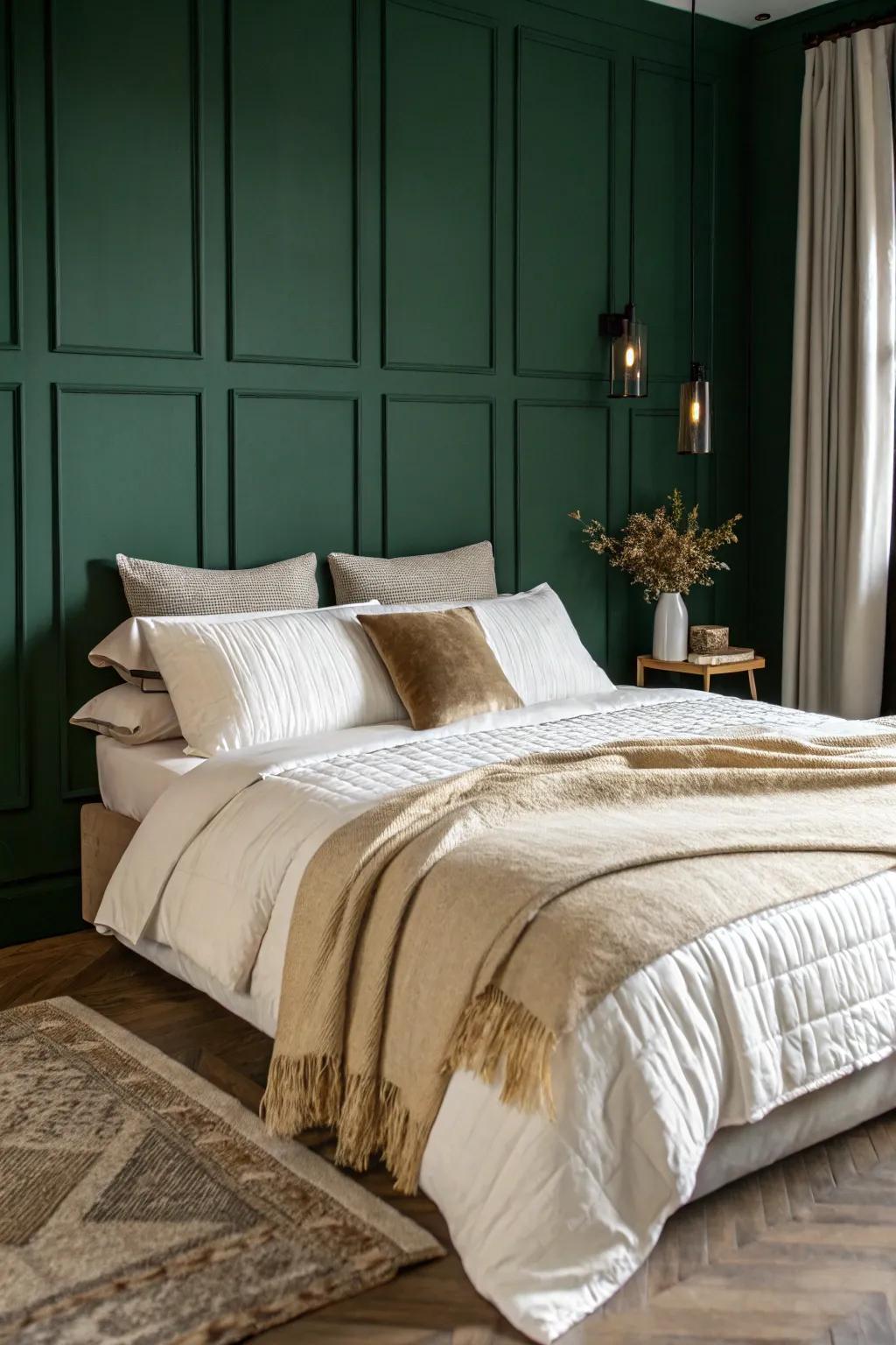 A dark green bedroom featuring layered linens in ivory and cream shades.