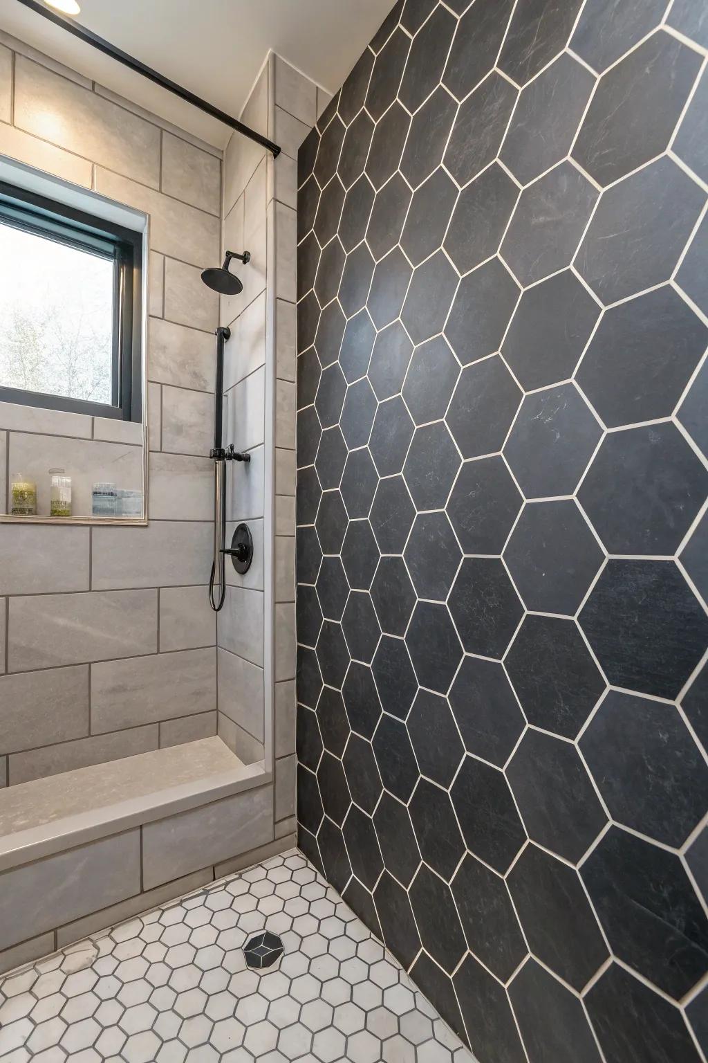 Hexagonal deep charcoal tiles add a contemporary geometric element to the bathroom.