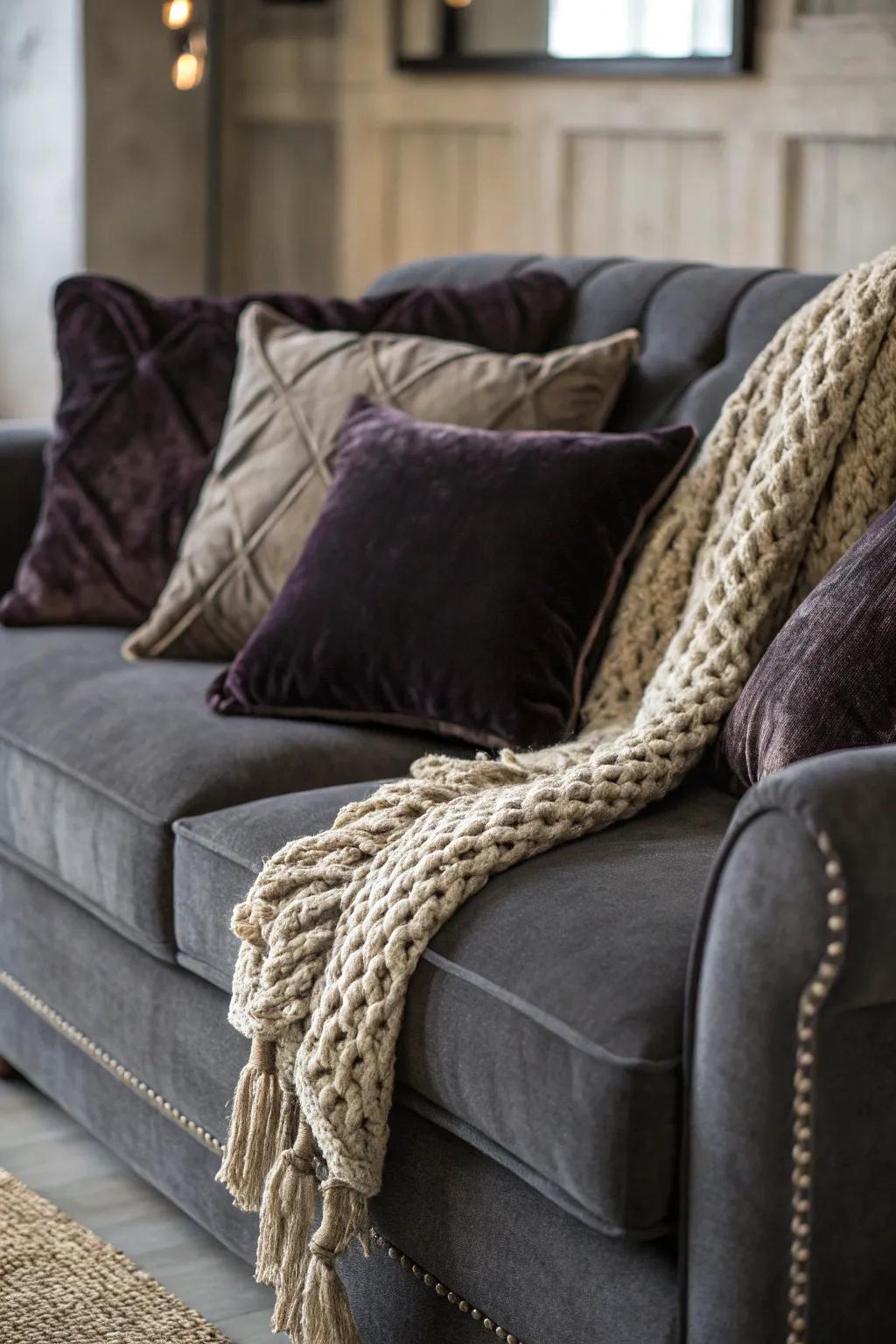 Textures establish a snug and inviting atmosphere surrounding your charcoal loveseat.