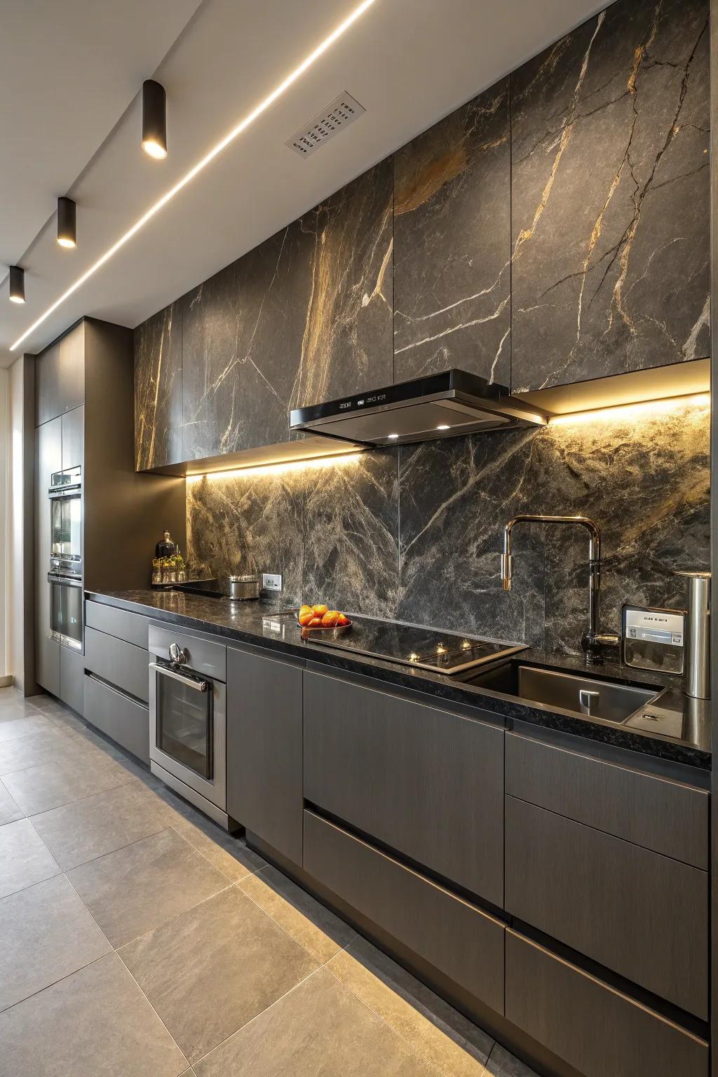 A kitchen design featuring a dark stone backsplash perfectly paired with sleek, contemporary fixtures.