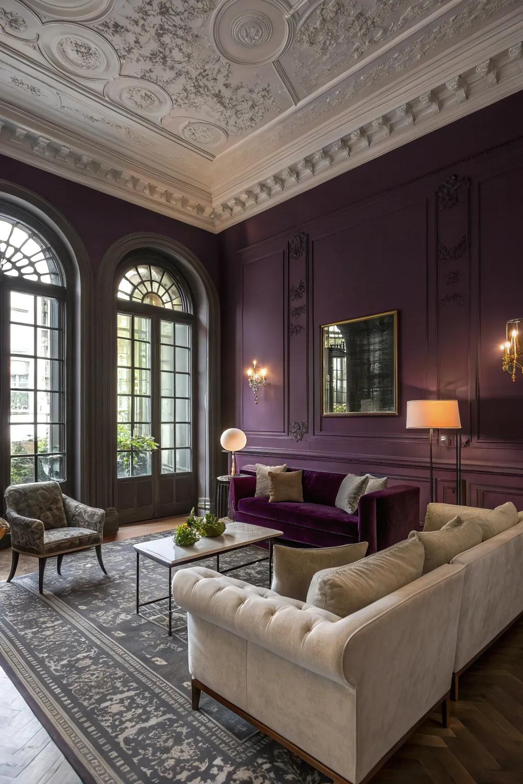 Deep violet walls establish a captivating backdrop in this elegant living space.
