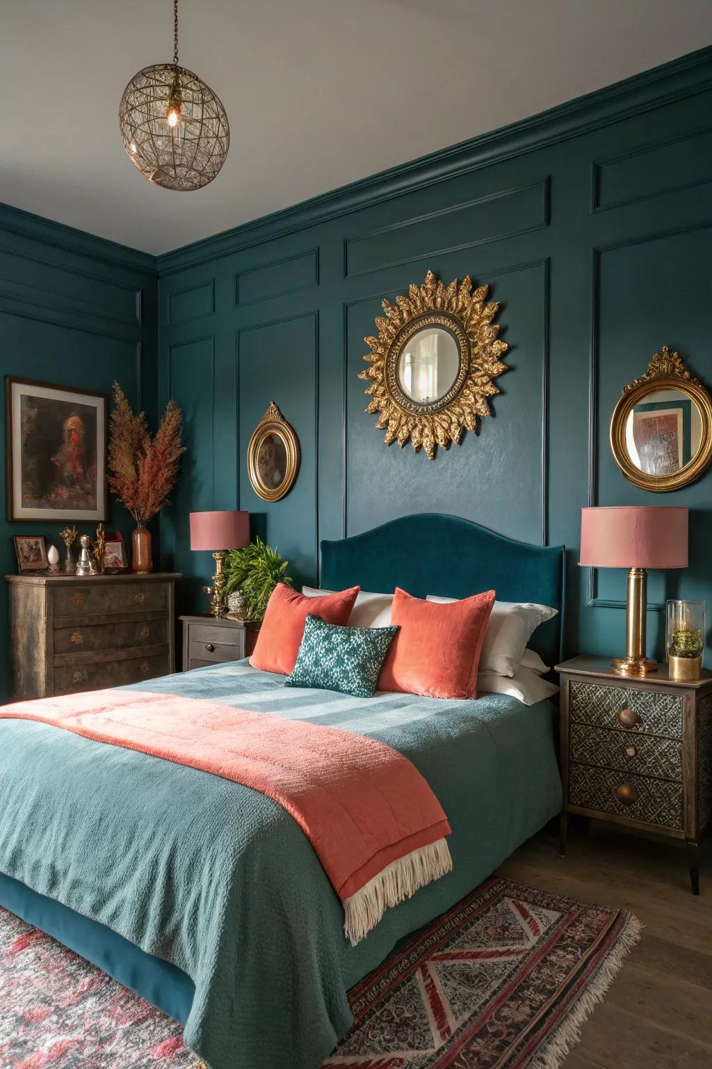 Coral and gold features breathe vibrancy into inky teal.