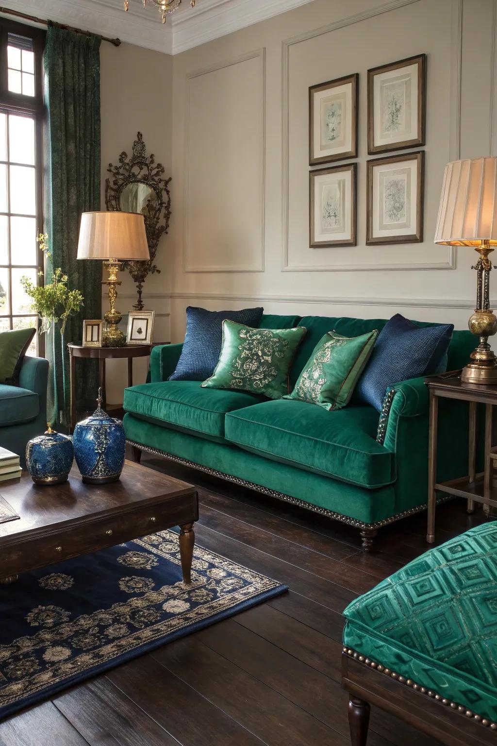 Jewel tones add a touch of elegance to this living space with dark wood floors.
