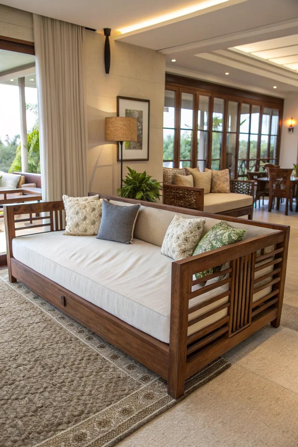 A daybed elegantly divides open living quarters.