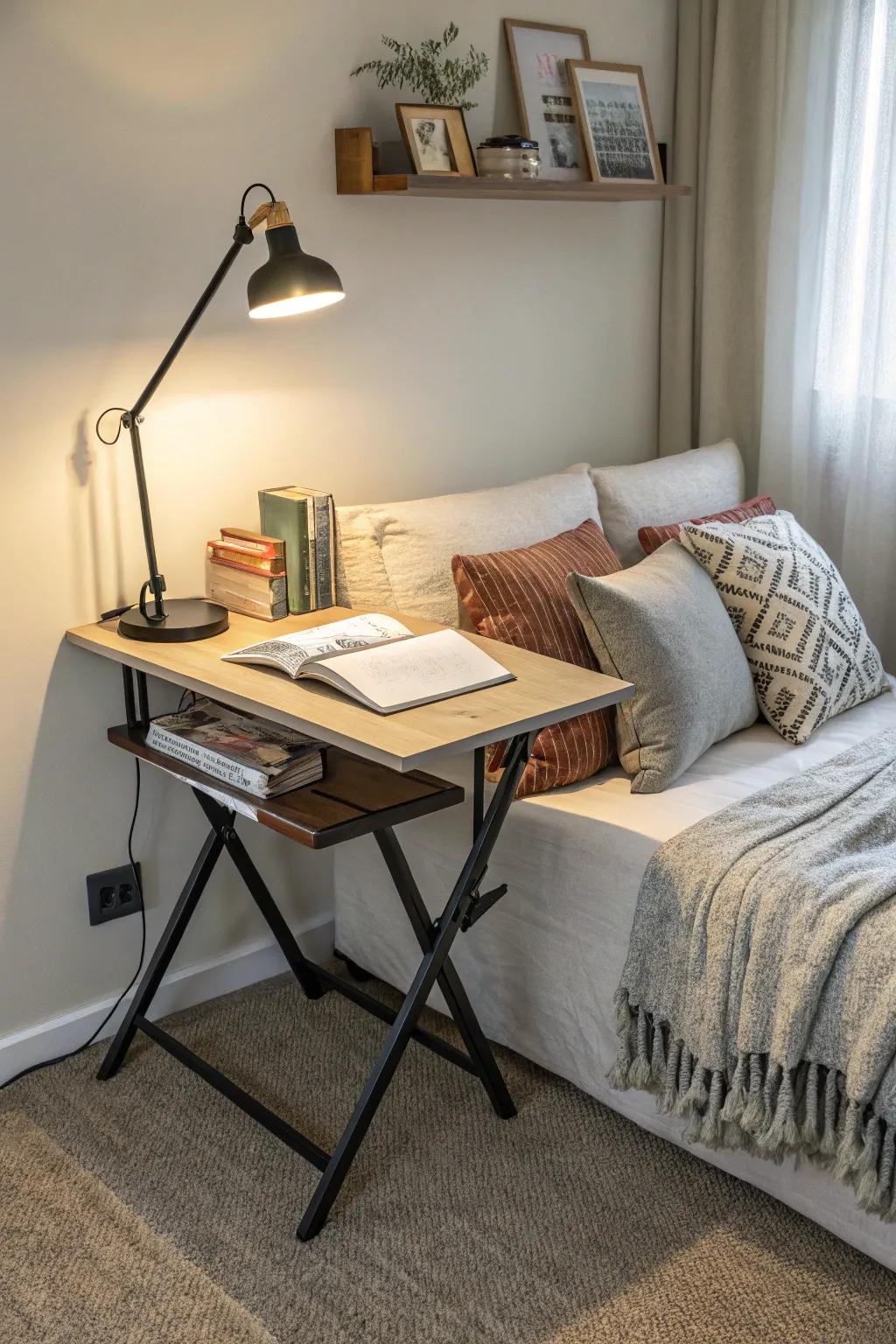 A collapsible desk provides versatility and efficiency in a small area.