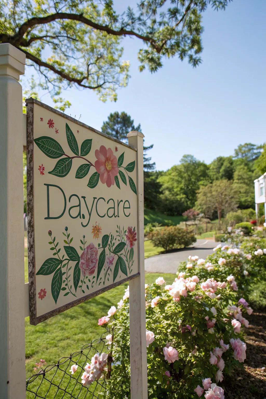 Nature-inspired signage generates a peaceful and inviting atmosphere at the daycare entrance.