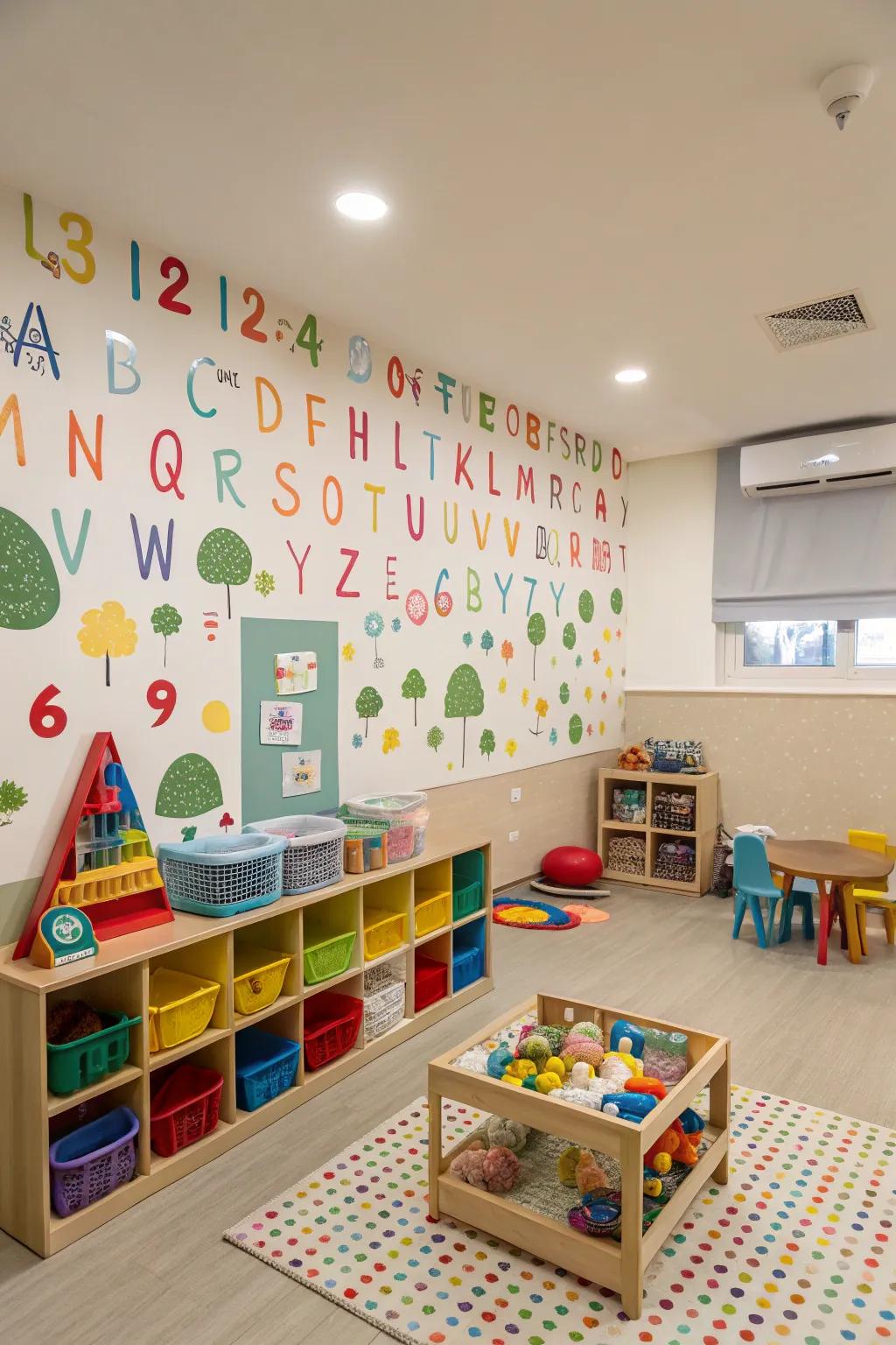An instructional background with alphabet and number wallcovering.