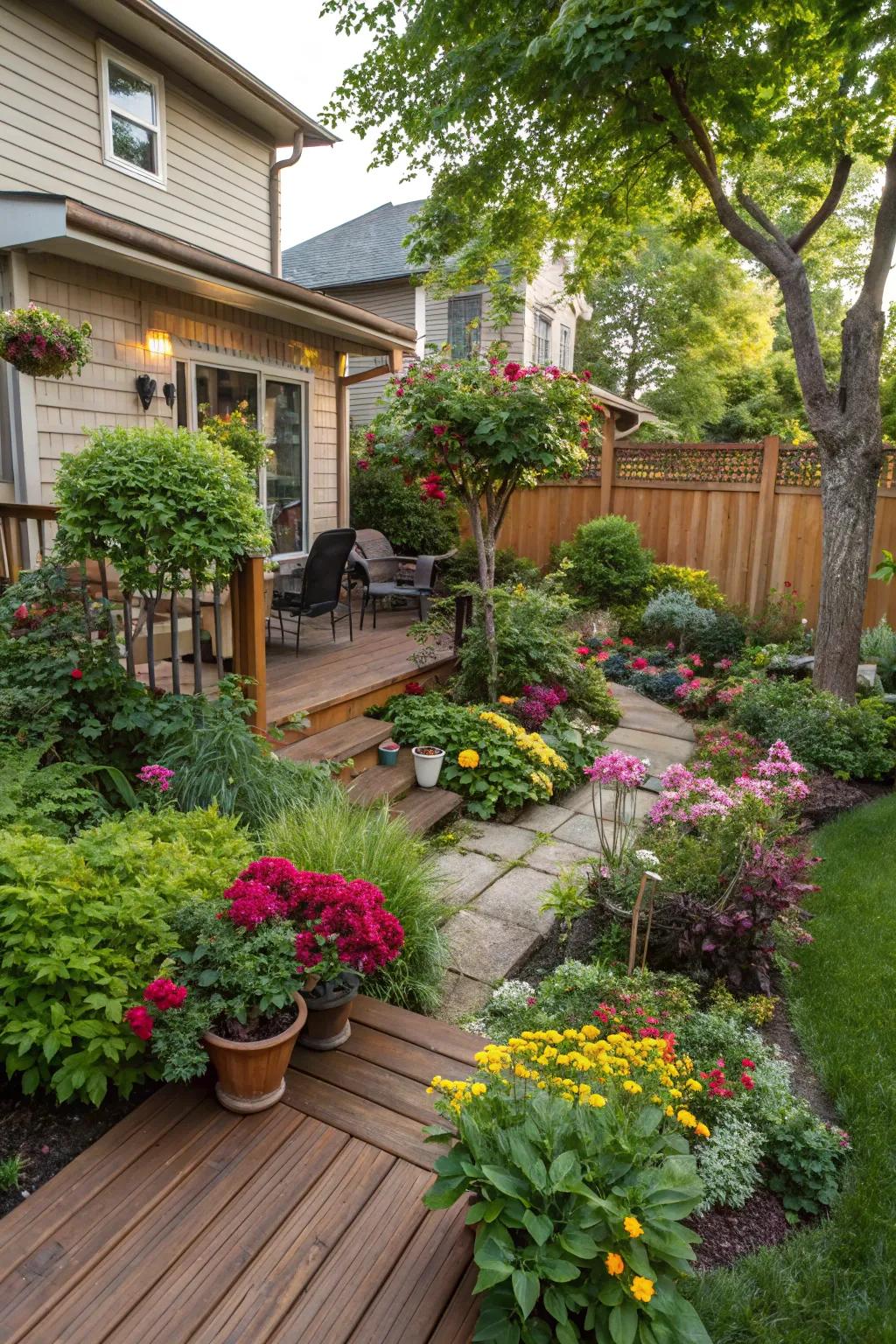 A rich array of plantings brings depth and color to an outdoor deck.