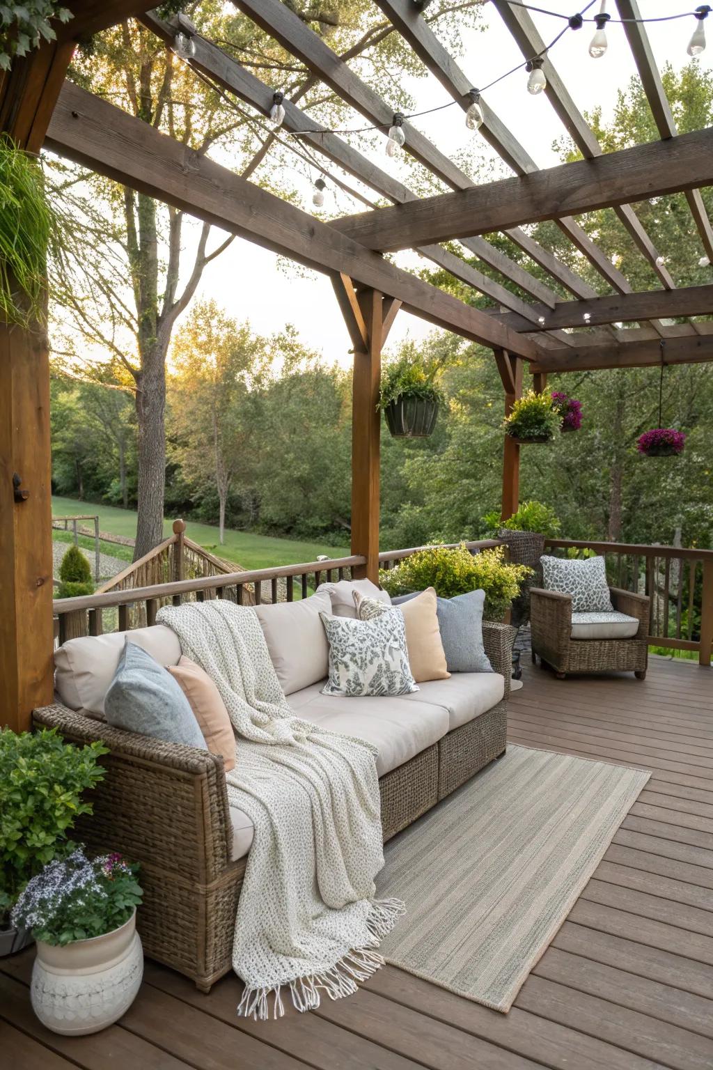 A cozy couch area under a pergola, perfect for unwinding.