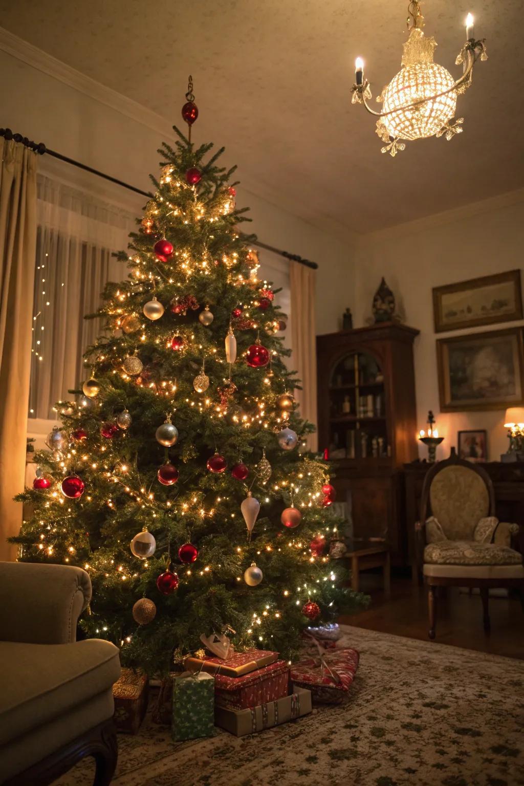 A nostalgic Yuletide tree using classic lights and past era decorations.