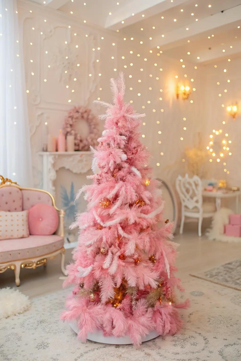 A pink tree adorned with whimsical feather accents.