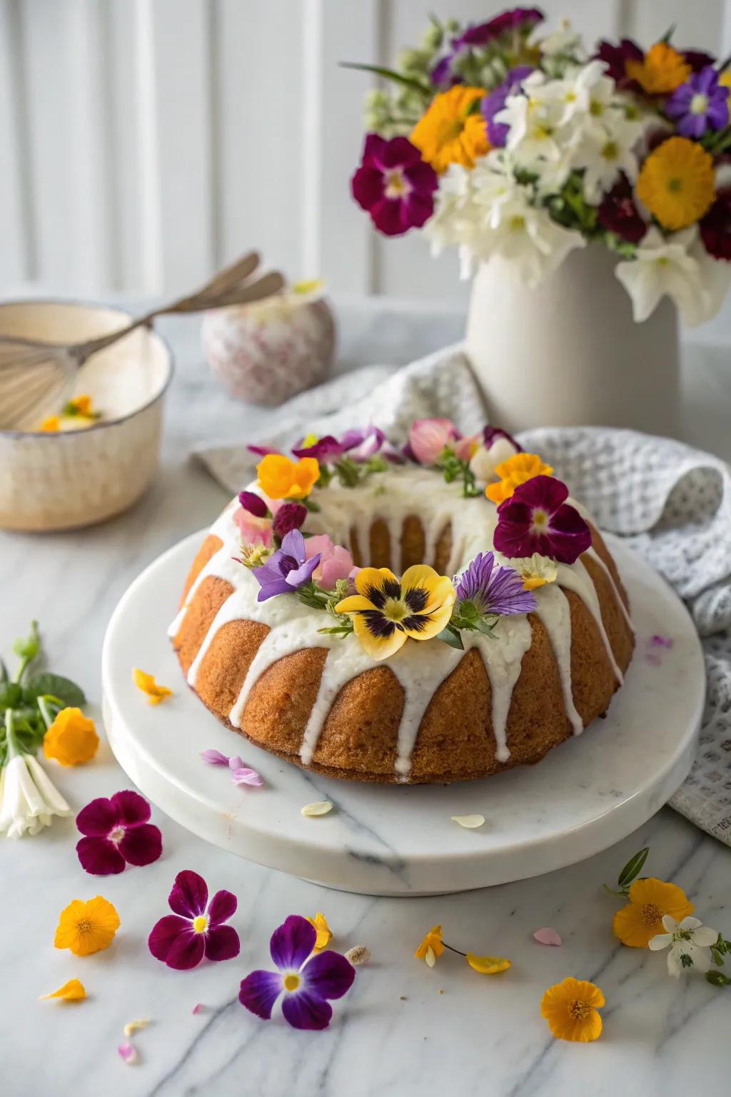 A bundt cake adorned with refined edible flowers.