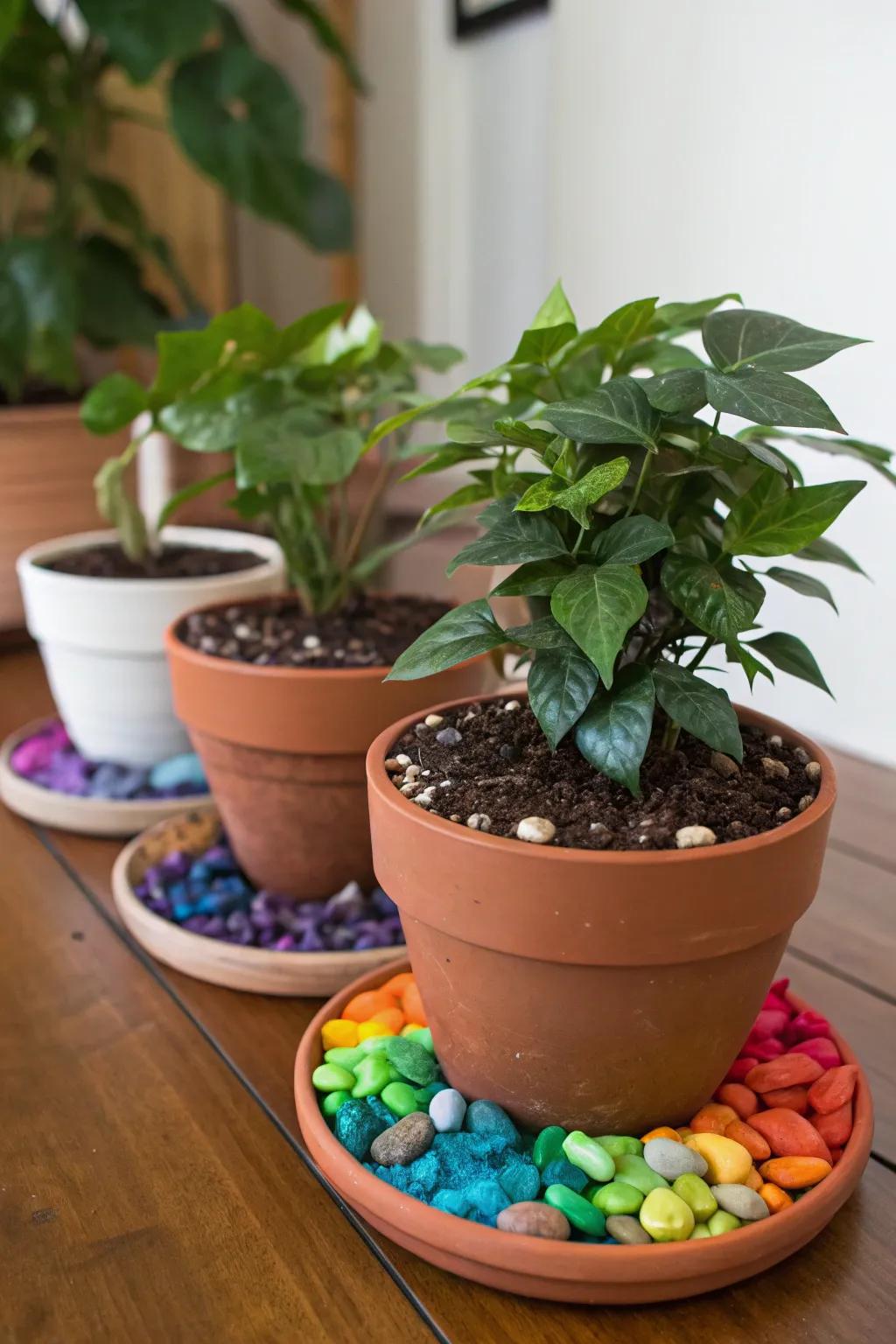 Improve your plant presentation using vibrant stone toppings.