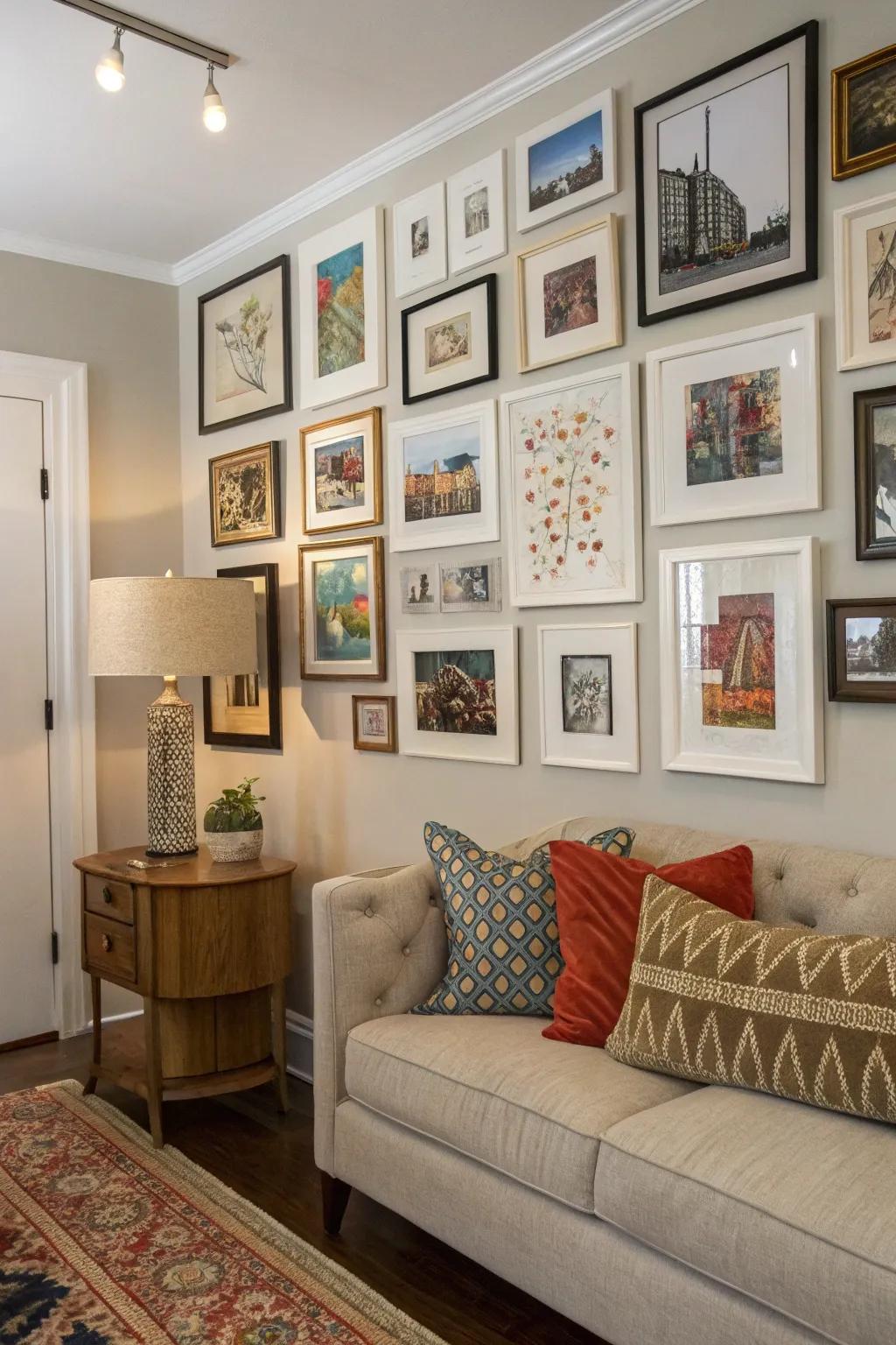An artistic gallery wall brings character to your space.