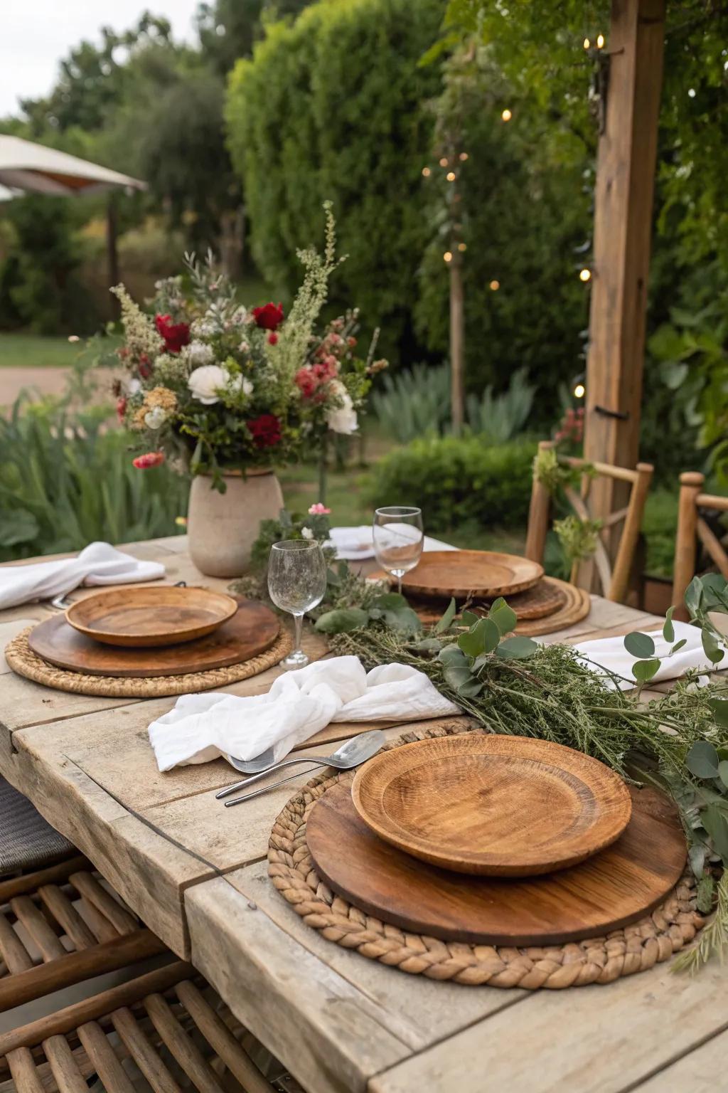 Country-style wooden table protectors are perfect for an intimate outdoor meal.